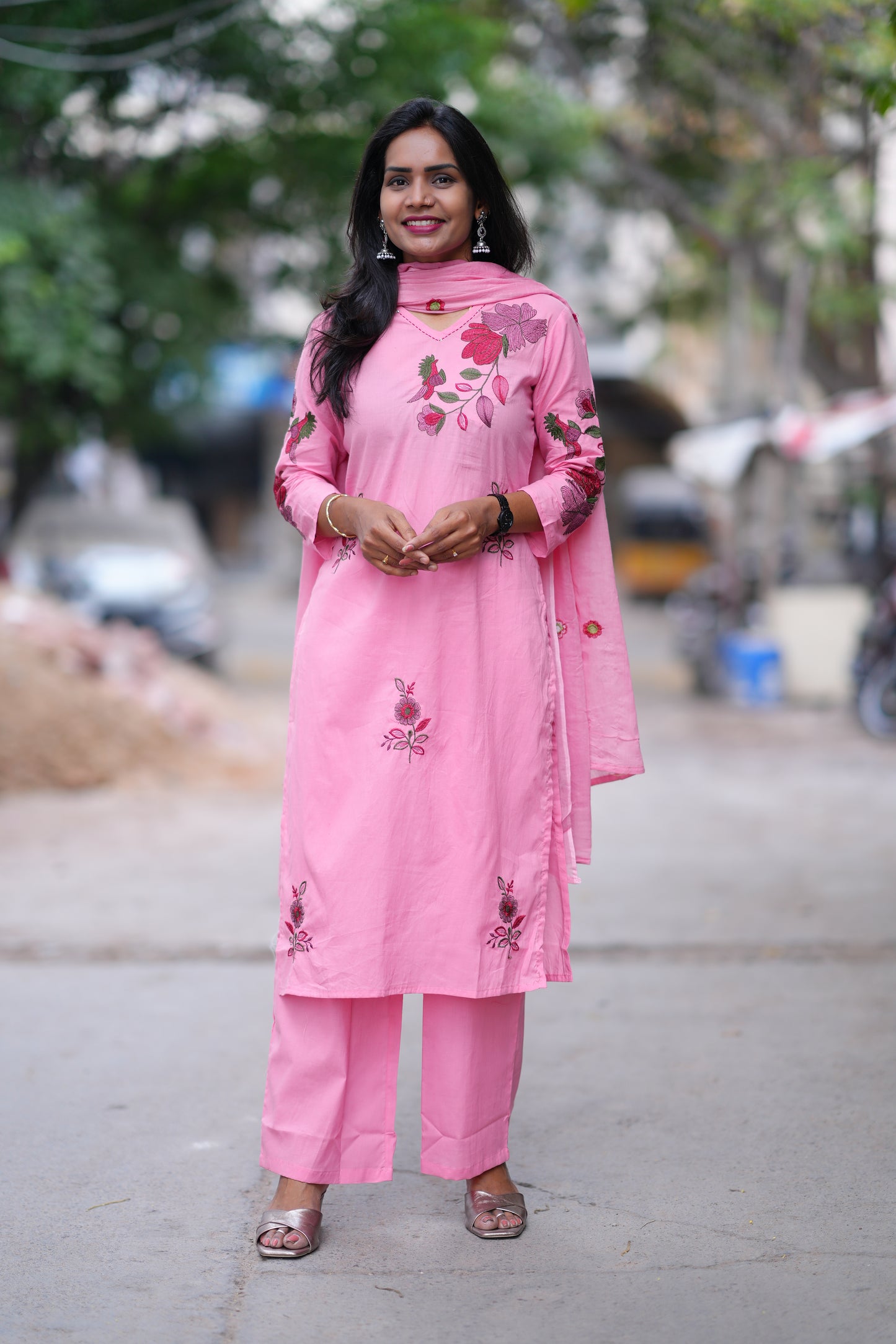 Pink Color Jaipuri Cotton 3 Piece Set With Heavy Embroidery Work