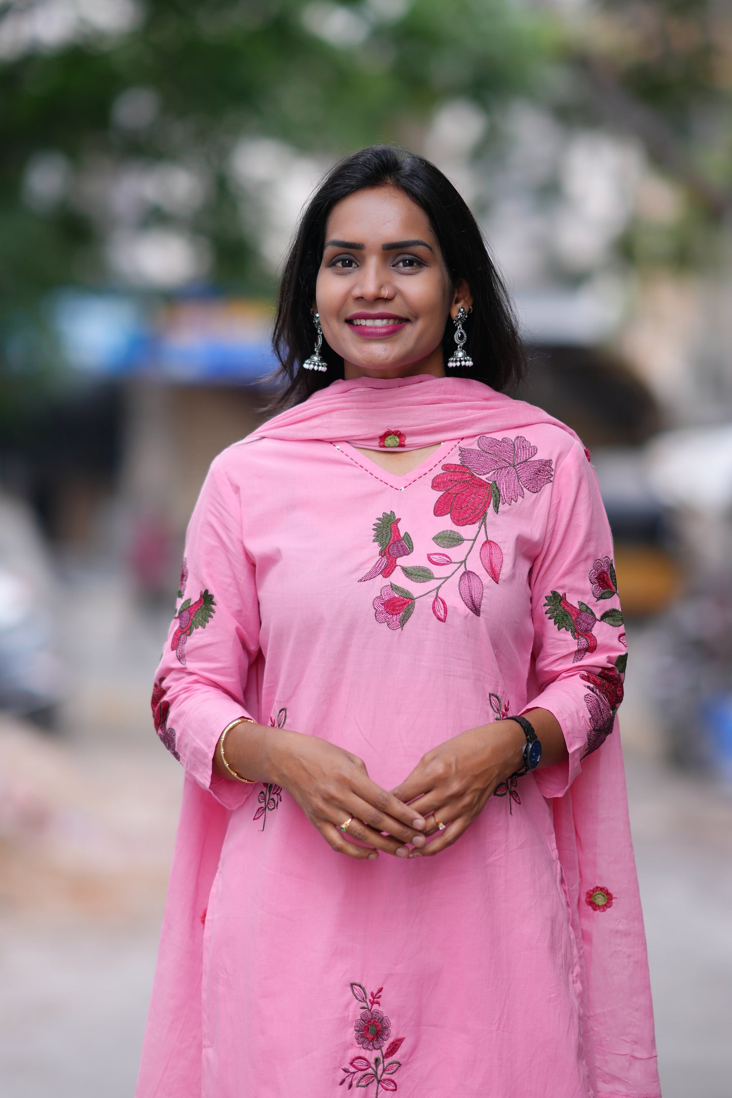 Pink Color Jaipuri Cotton 3 Piece Set With Heavy Embroidery Work