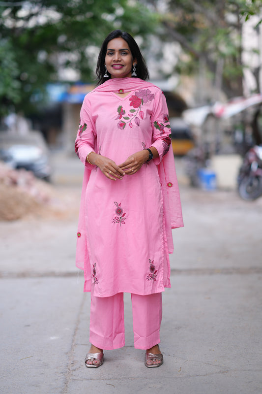 Pink Color Jaipuri Cotton 3 Piece Set With Heavy Embroidery Work
