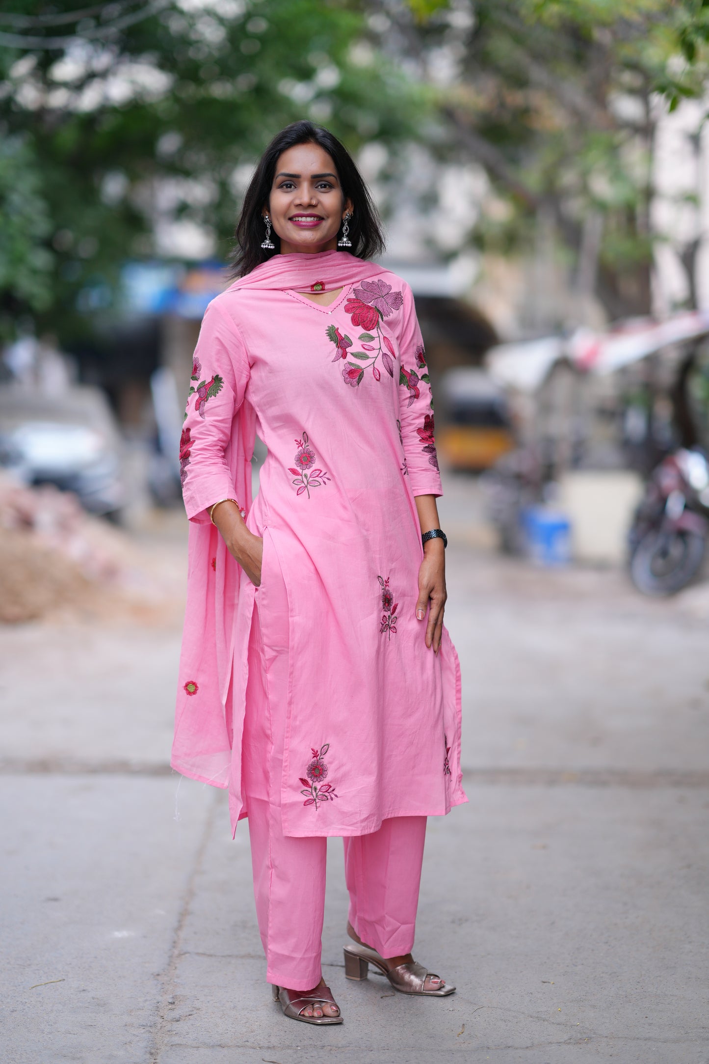 Pink Color Jaipuri Cotton 3 Piece Set With Heavy Embroidery Work