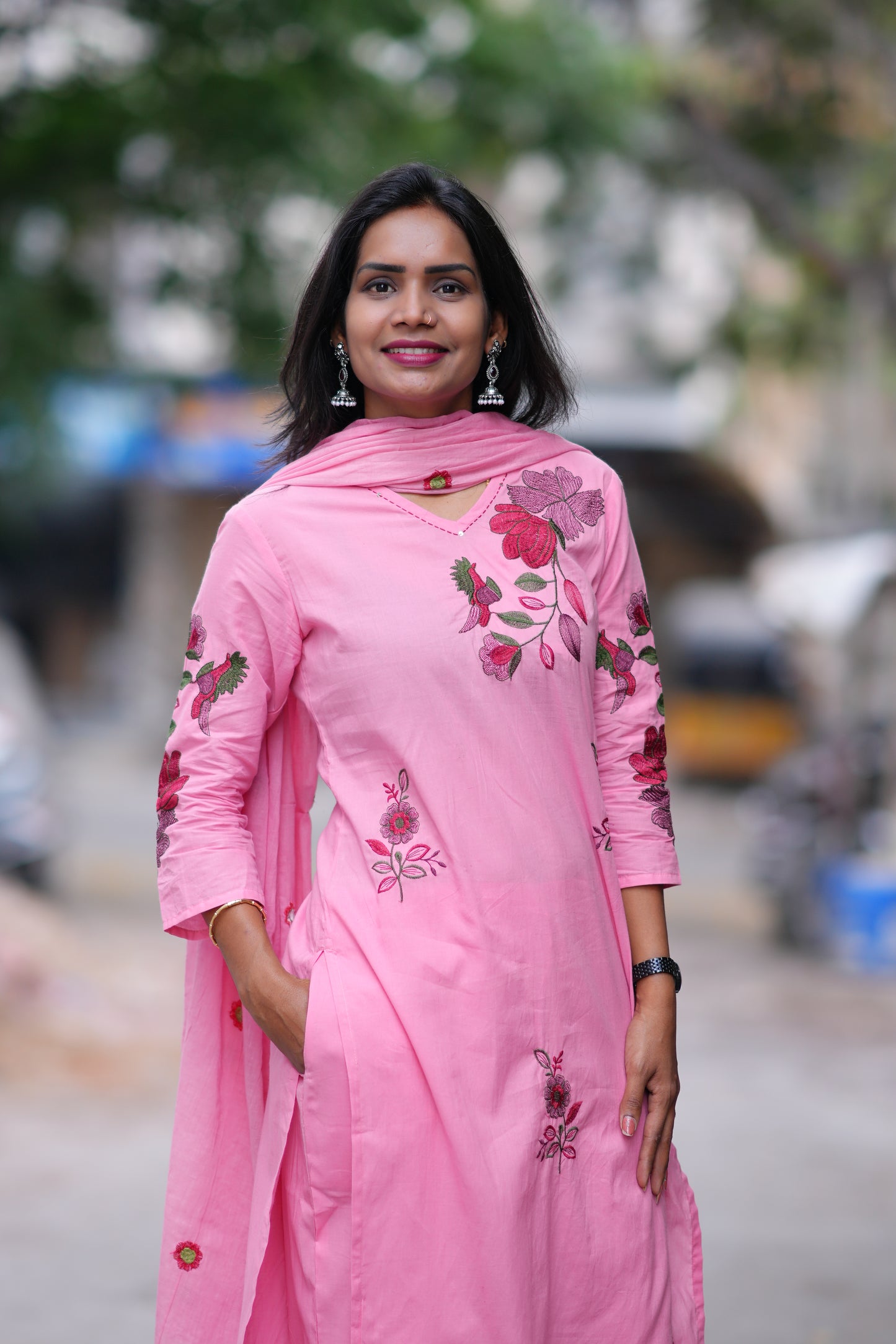 Pink Color Jaipuri Cotton 3 Piece Set With Heavy Embroidery Work