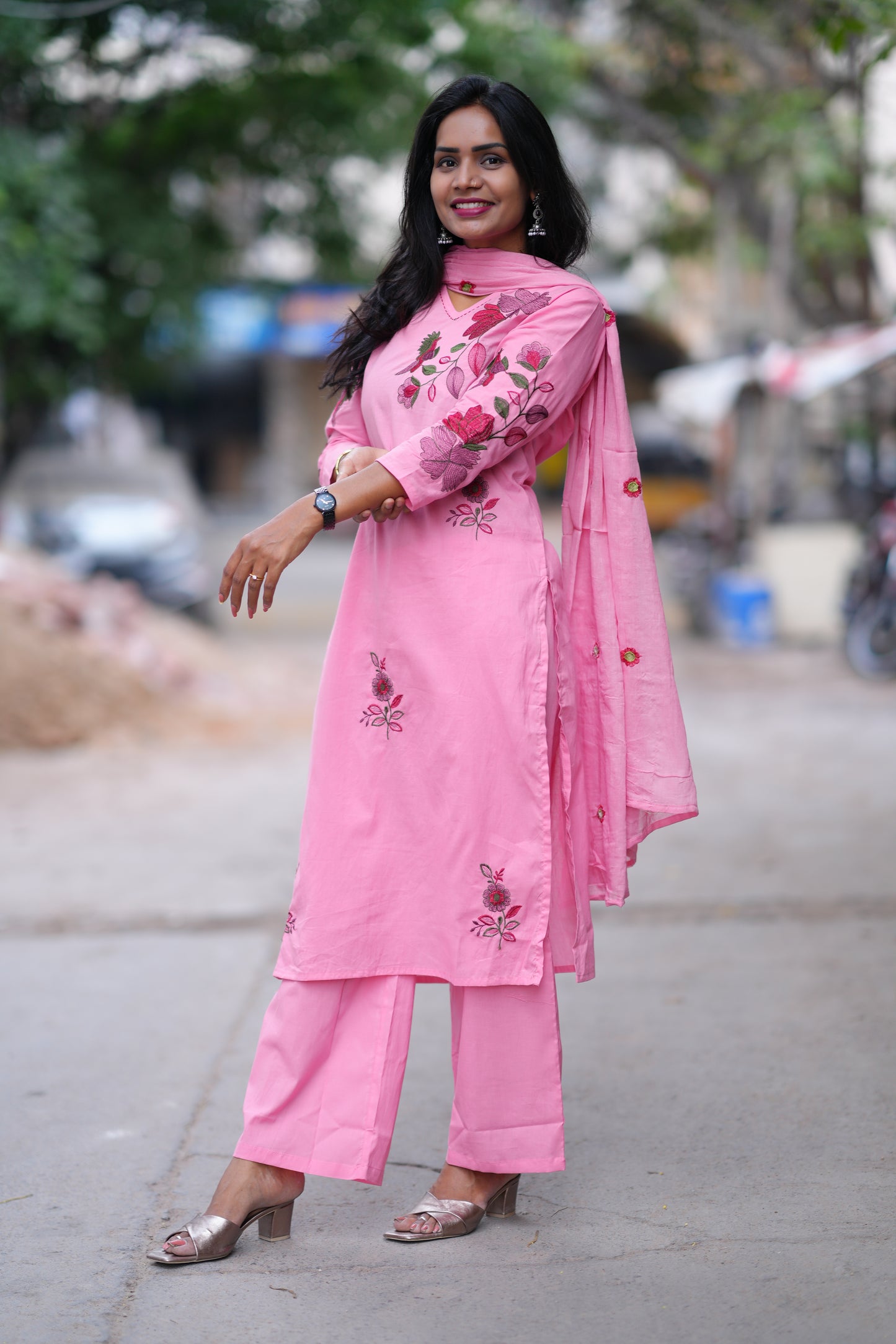 Pink Color Jaipuri Cotton 3 Piece Set With Heavy Embroidery Work