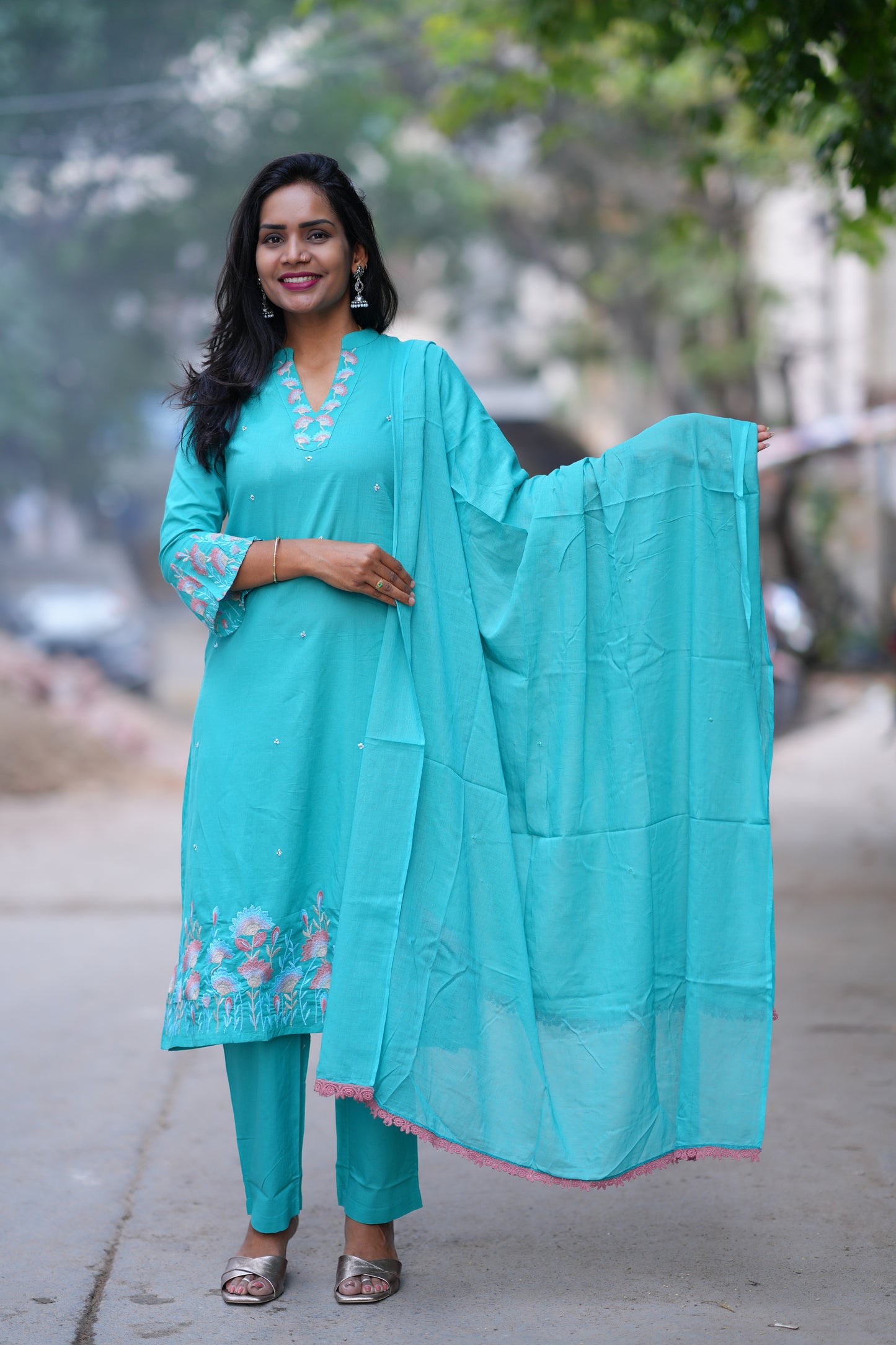 Teal Green Color Jaipur Cotton 3 Piece set With Embroidery Work