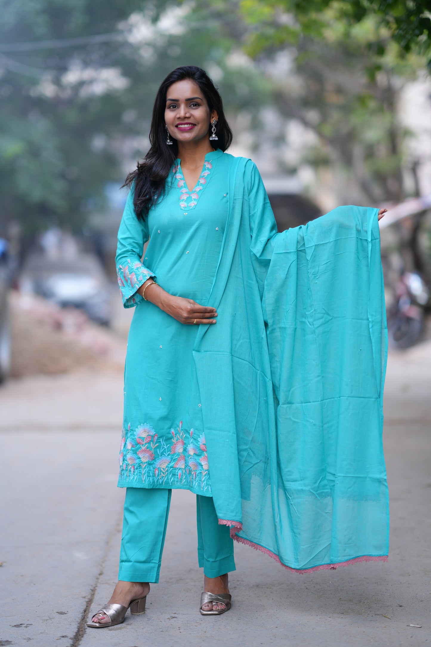 Teal Green Color Jaipur Cotton 3 Piece set With Embroidery Work