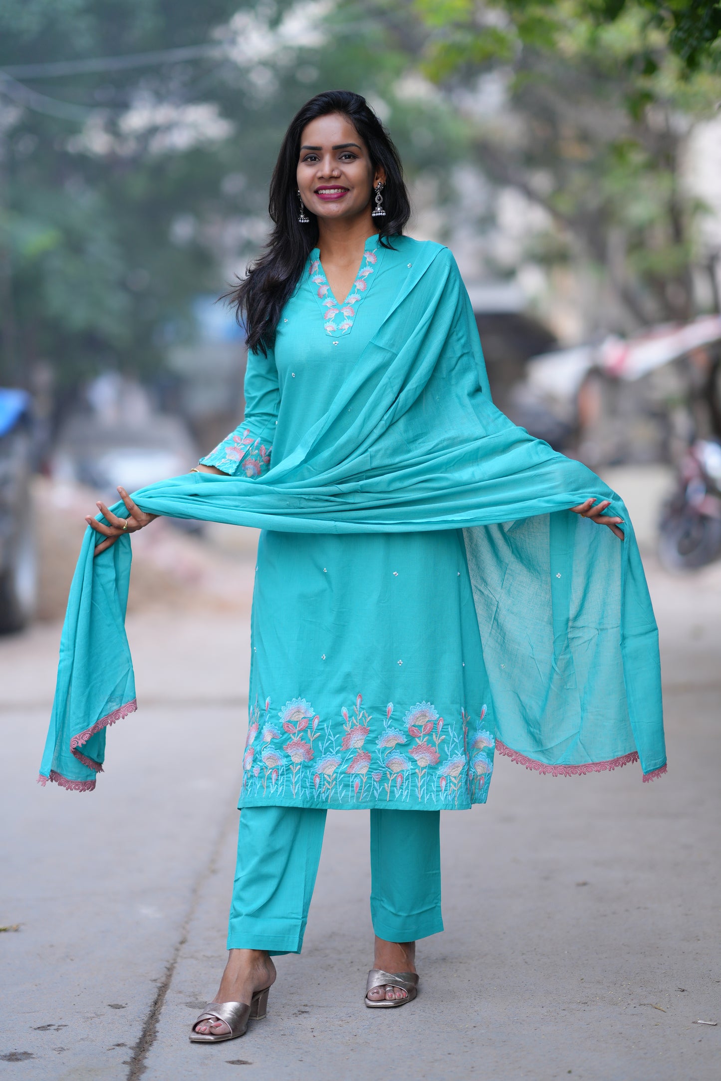Teal Green Color Jaipur Cotton 3 Piece set With Embroidery Work