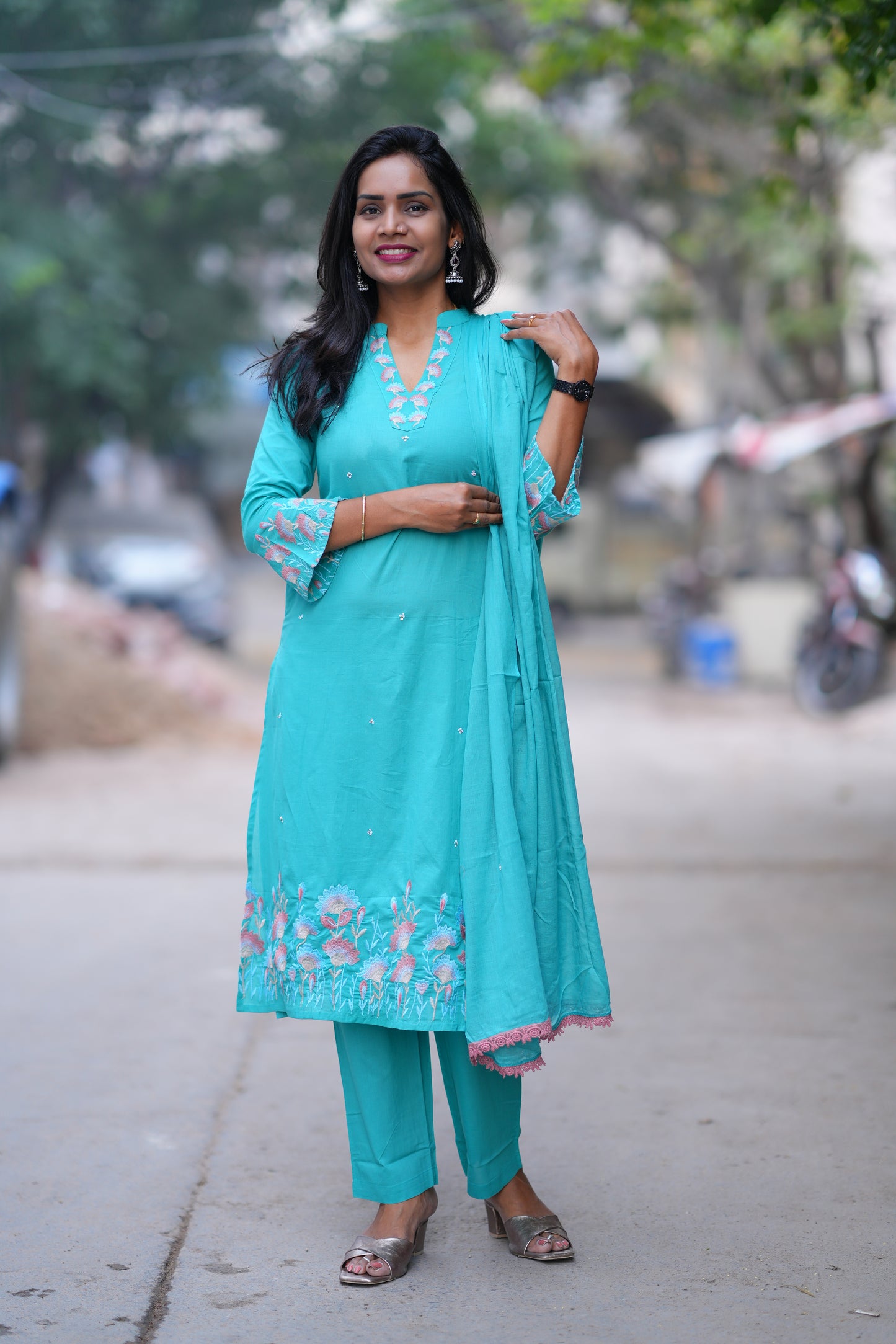 Teal Green Color Jaipur Cotton 3 Piece set With Embroidery Work