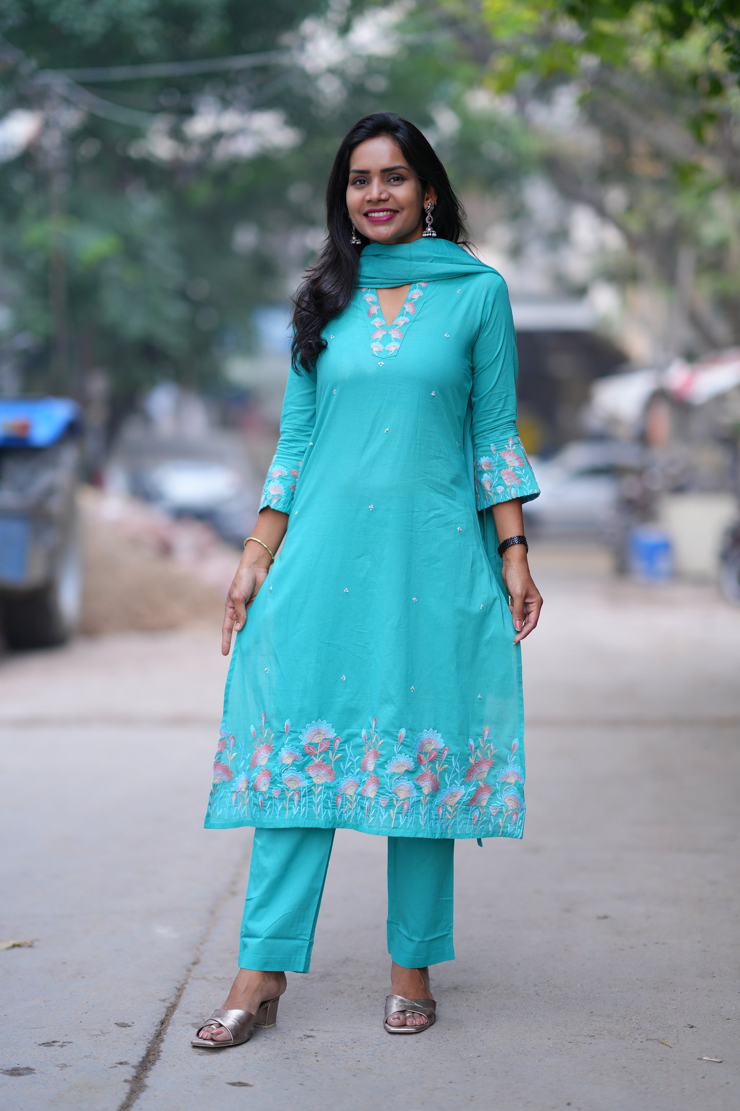 Teal Green Color Jaipur Cotton 3 Piece set With Embroidery Work