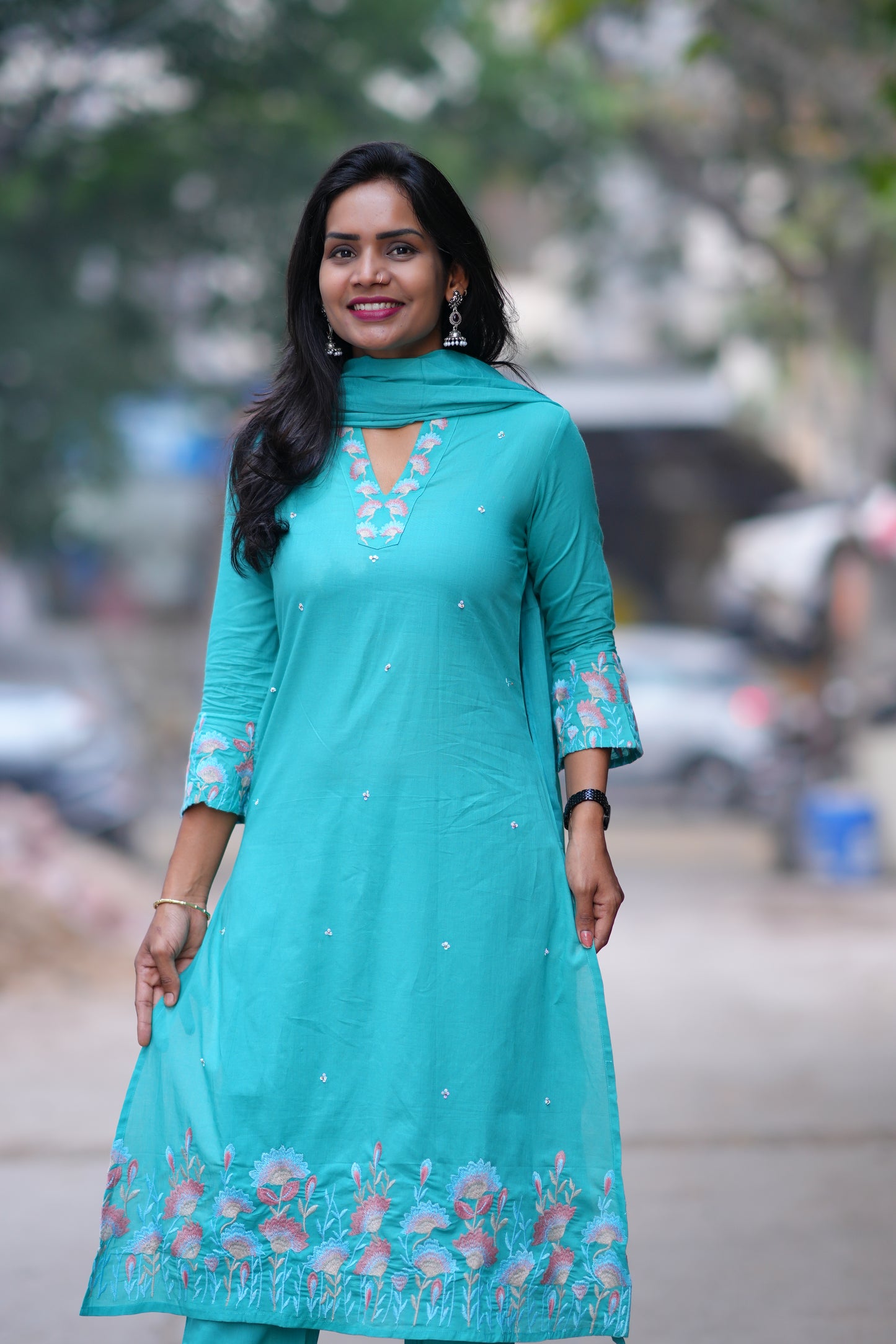 Teal Green Color Jaipur Cotton 3 Piece set With Embroidery Work