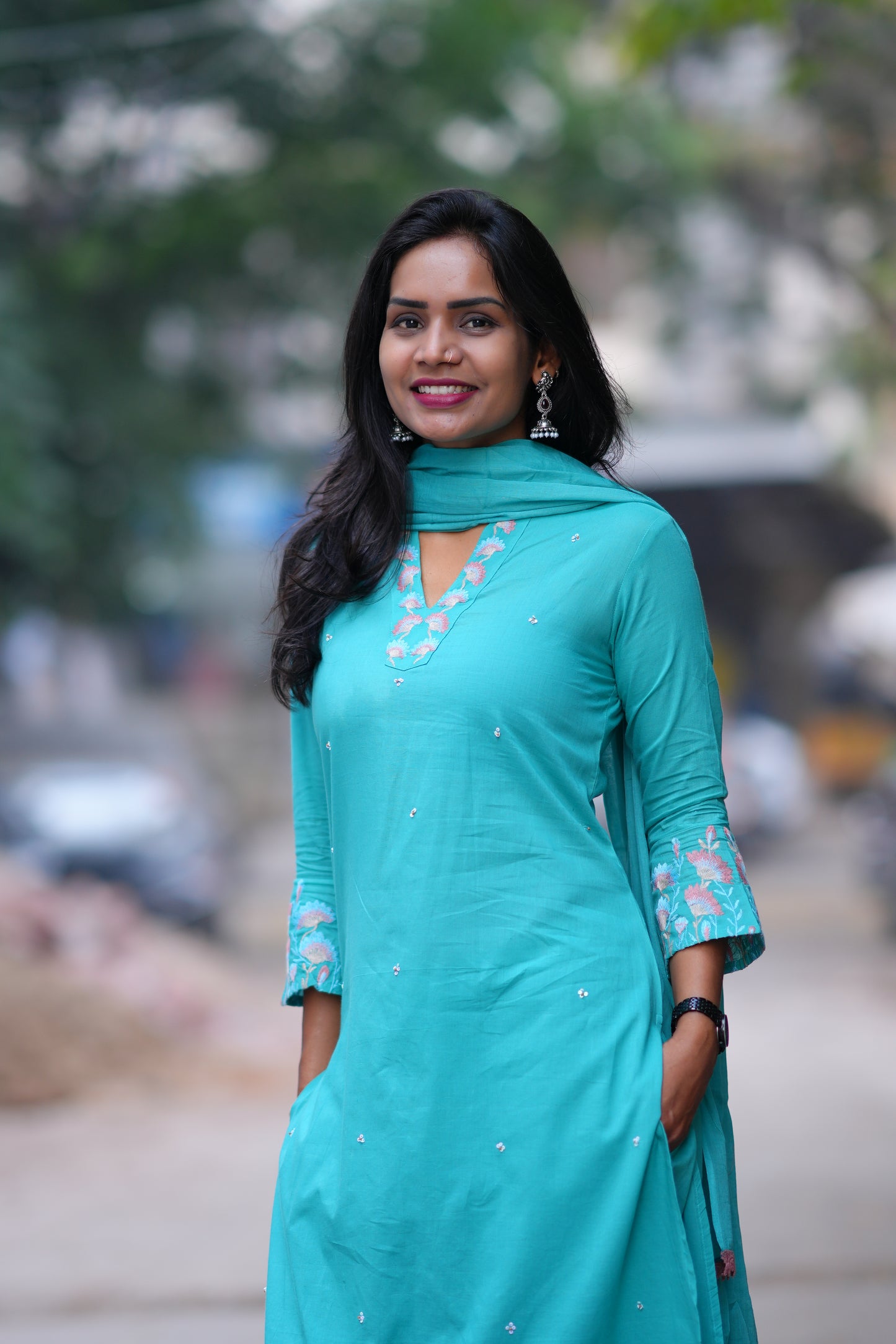 Teal Green Color Jaipur Cotton 3 Piece set With Embroidery Work