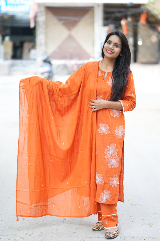 Beautiful Orange Jaipur Slub Cotton 3 Piece Set