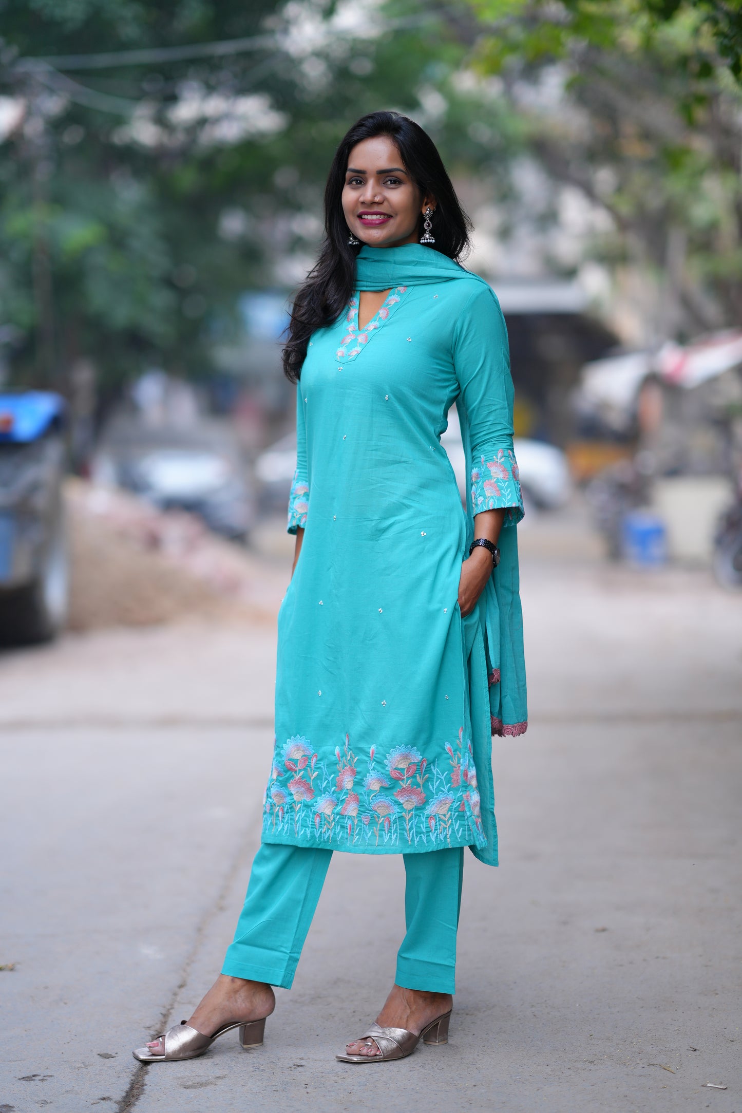Teal Green Color Jaipur Cotton 3 Piece set With Embroidery Work