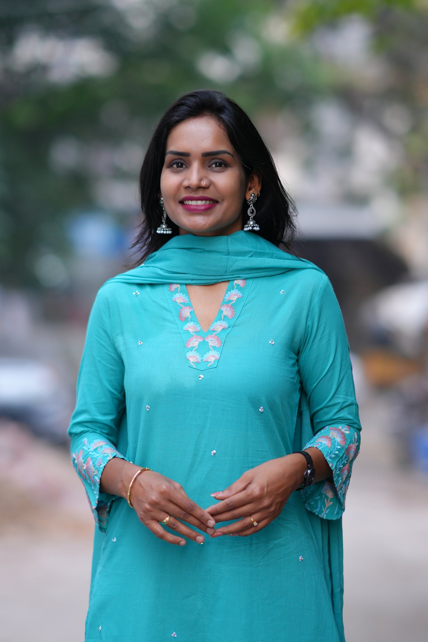 Teal Green Color Jaipur Cotton 3 Piece set With Embroidery Work