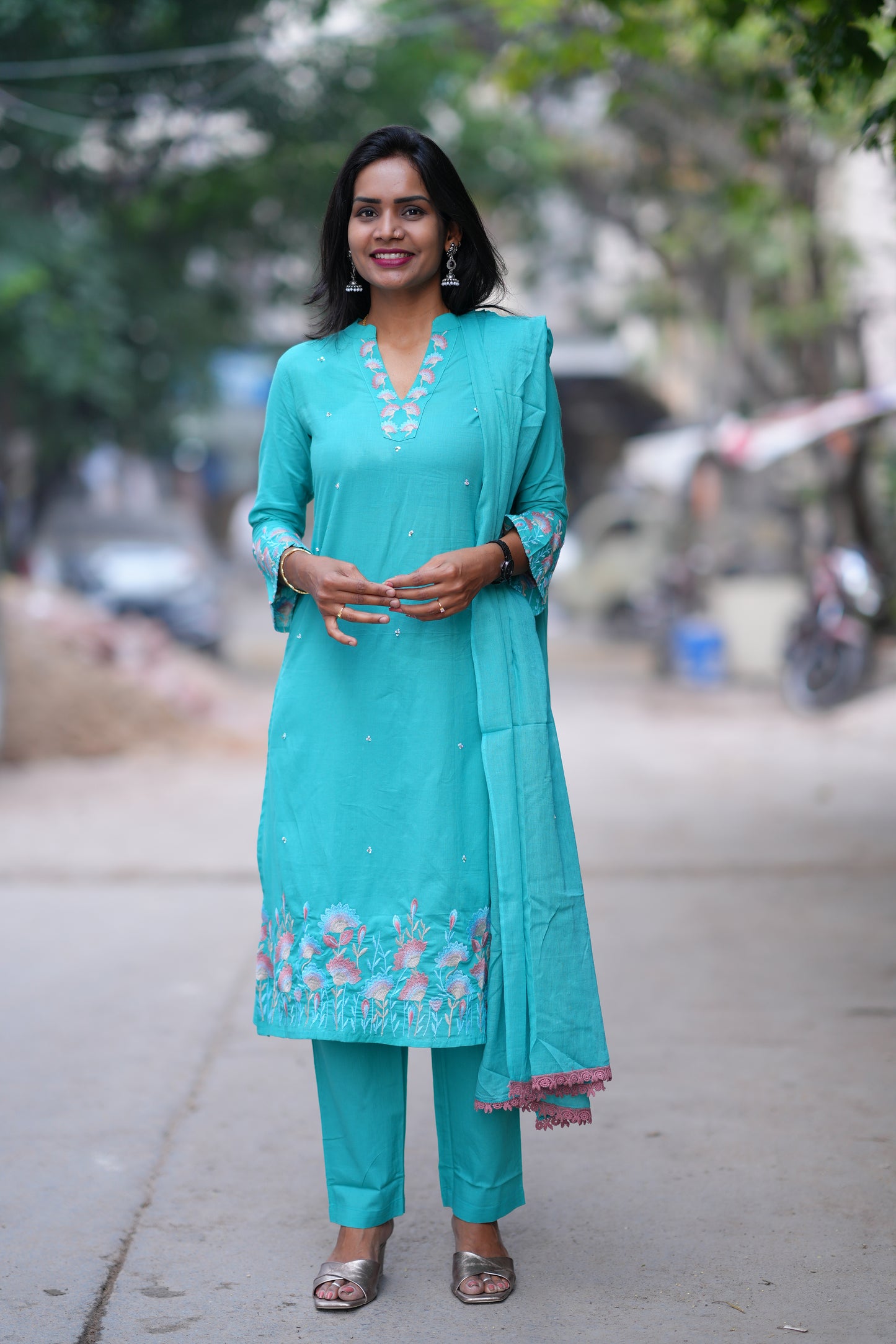 Teal Green Color Jaipur Cotton 3 Piece set With Embroidery Work