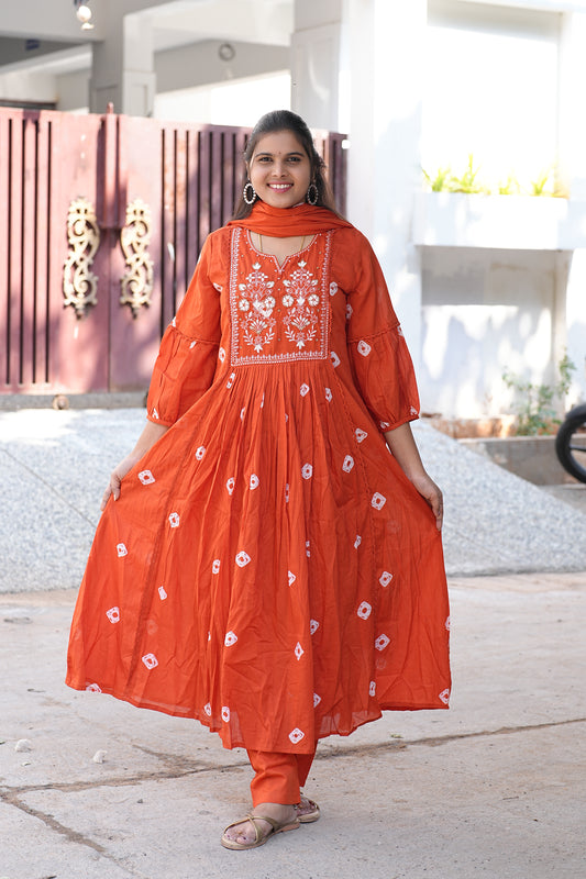 Beautiful Orange Mul Mul Cotton Anarkali Three Piece Set With Complete Lining