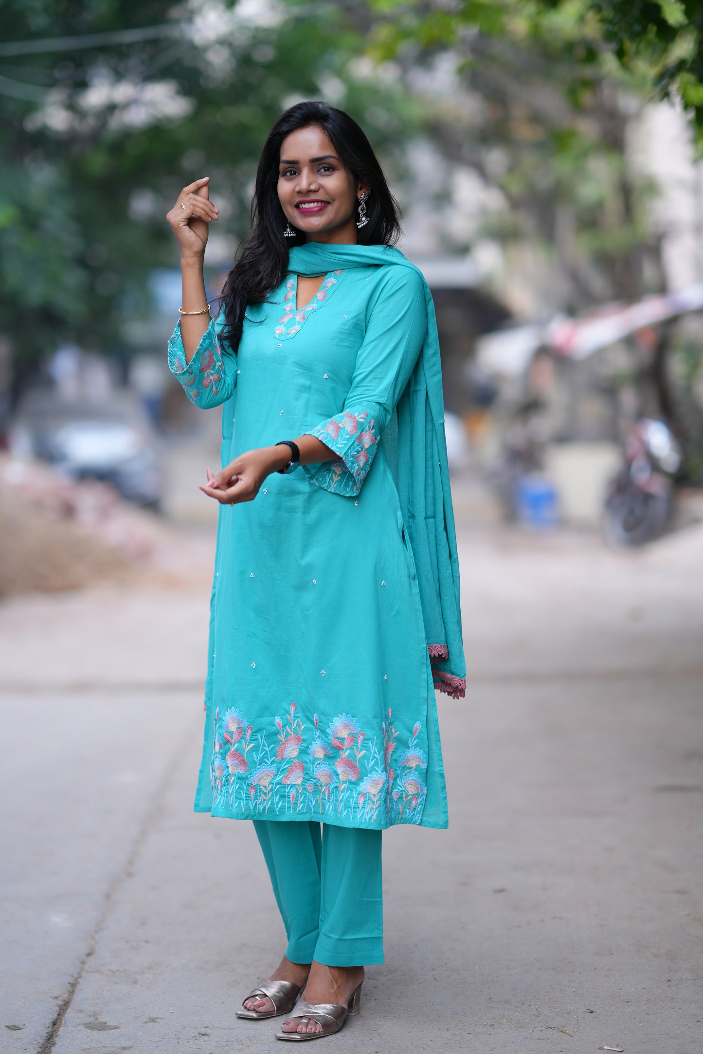 Teal Green Color Jaipur Cotton 3 Piece set With Embroidery Work