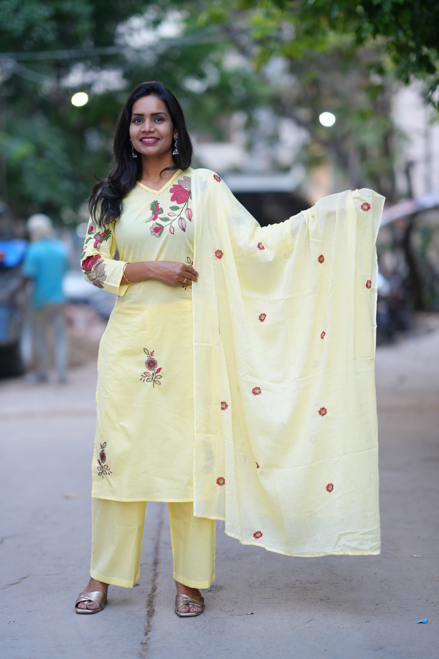 Yellow Color Jaipuri Cotton 3 Piece Set With Heavy Embroidery Work