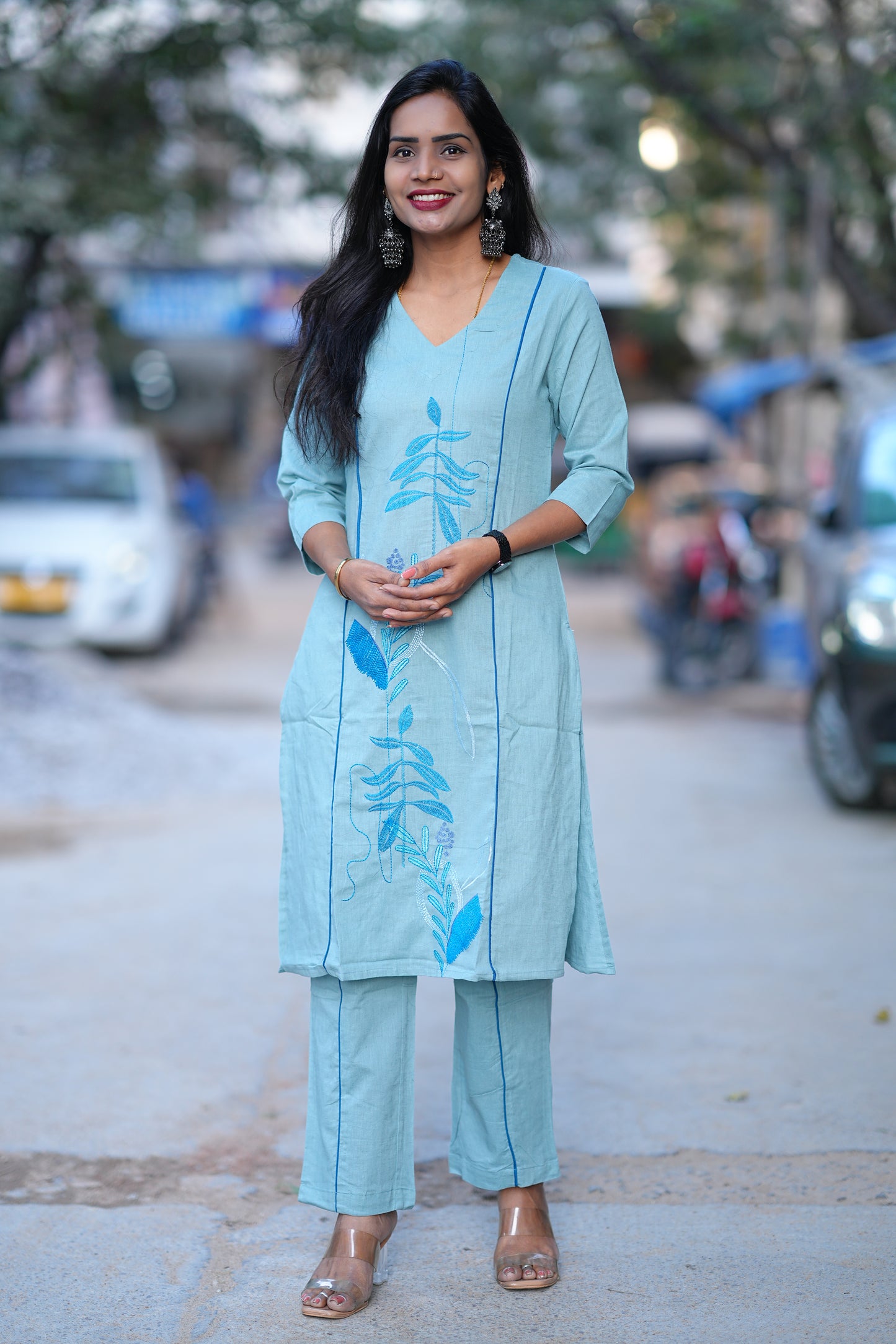 Aqua Blue Premium Office Range Corset With Front and Back Embroidery Work