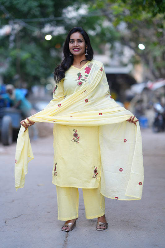 Yellow Color Jaipuri Cotton 3 Piece Set With Heavy Embroidery Work