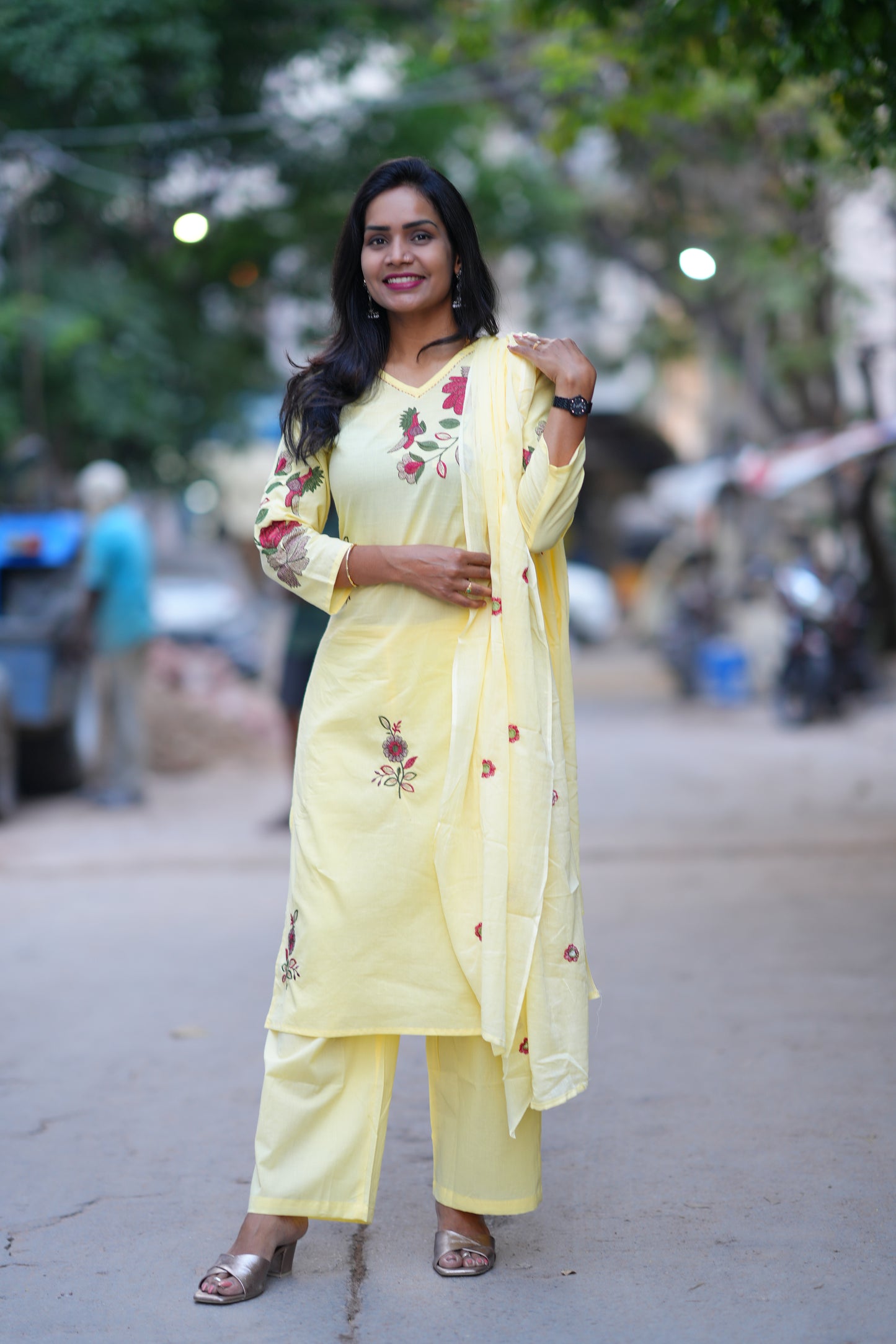 Yellow Color Jaipuri Cotton 3 Piece Set With Heavy Embroidery Work