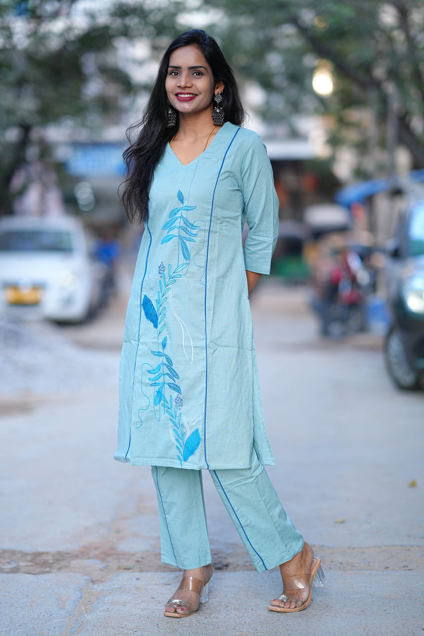 Aqua Blue Premium Office Range Corset With Front and Back Embroidery Work