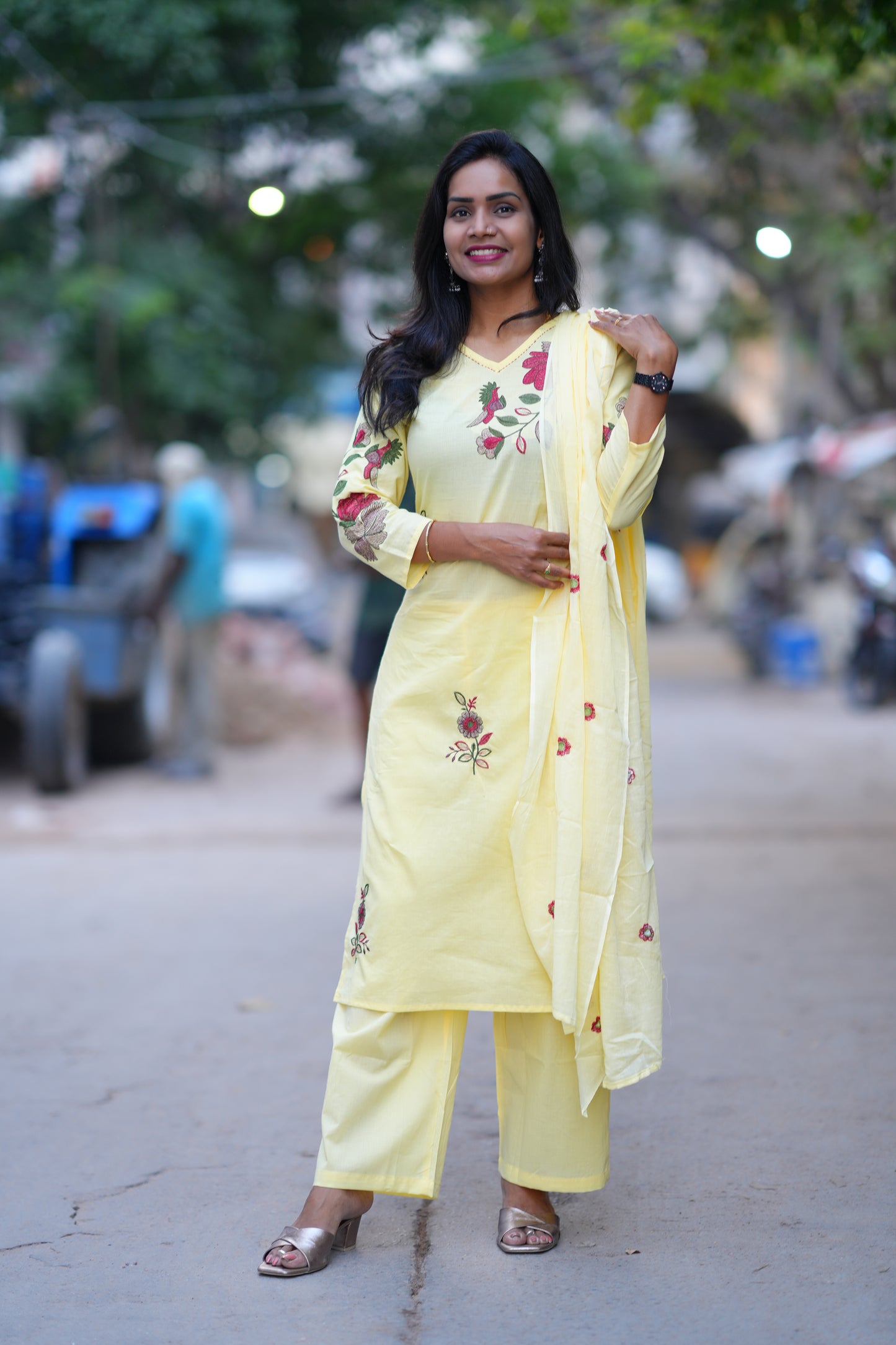 Yellow Color Jaipuri Cotton 3 Piece Set With Heavy Embroidery Work