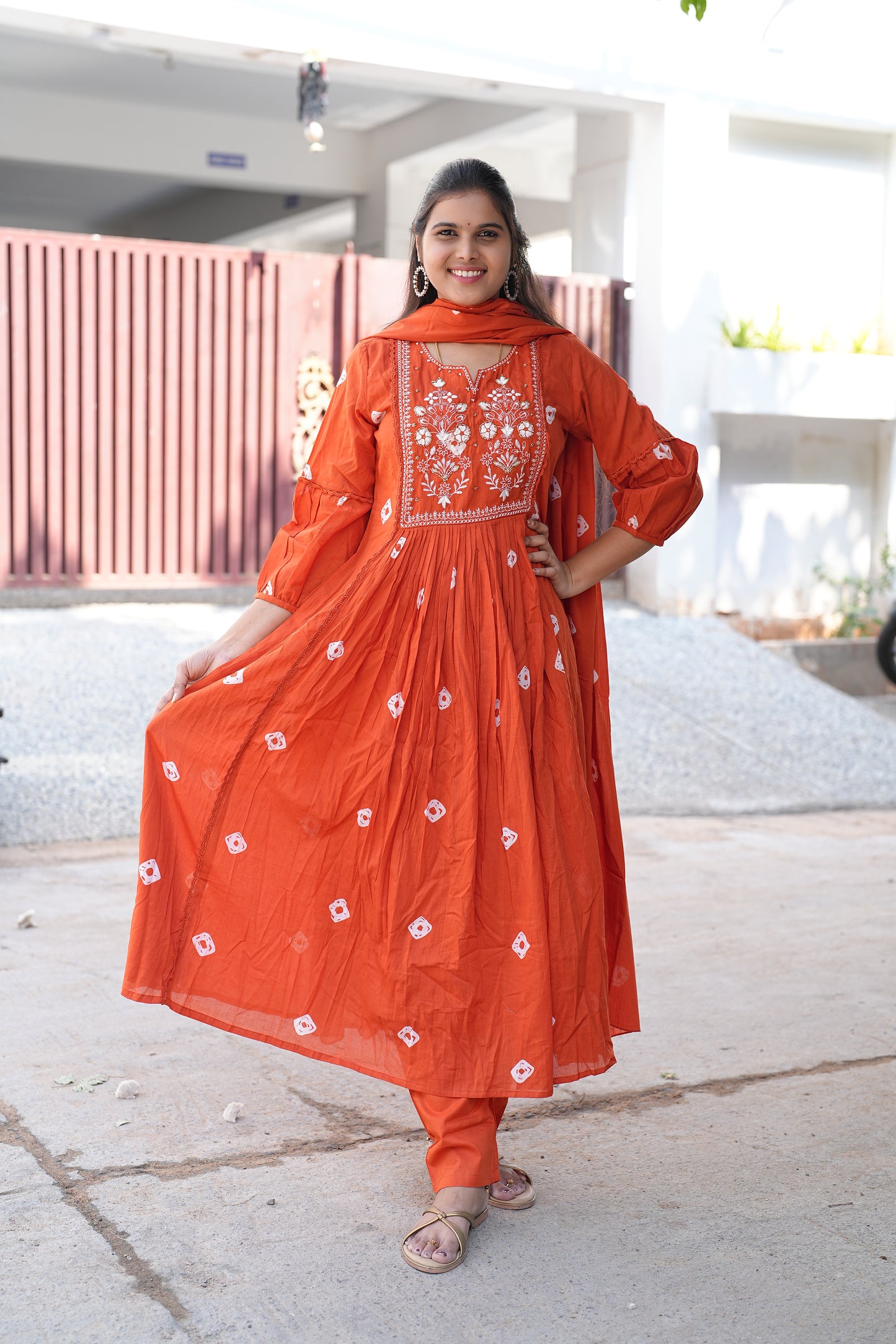 Beautiful Orange Mul Mul Cotton Anarkali Three Piece Set With Complete Lining