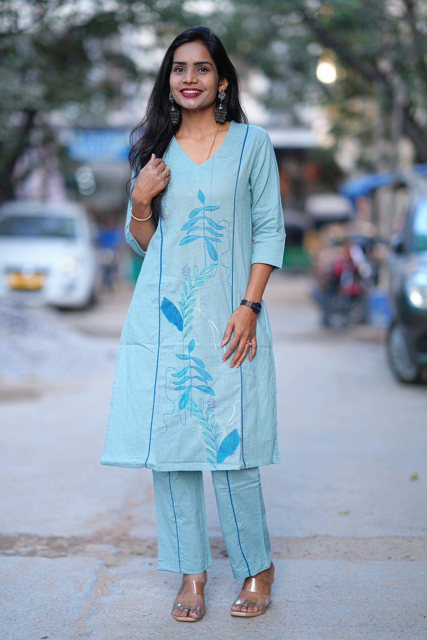 Aqua Blue Premium Office Range Corset With Front and Back Embroidery Work