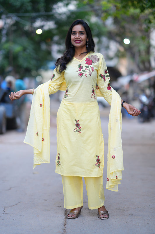 Yellow Color Jaipuri Cotton 3 Piece Set With Heavy Embroidery Work
