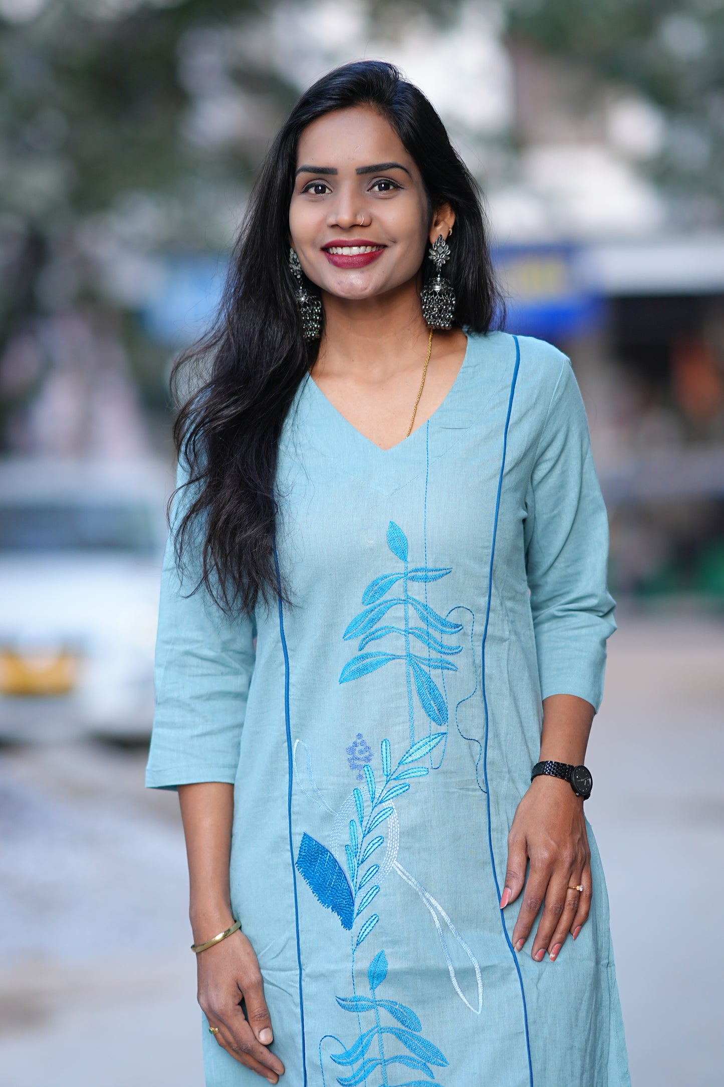 Aqua Blue Premium Office Range Corset With Front and Back Embroidery Work