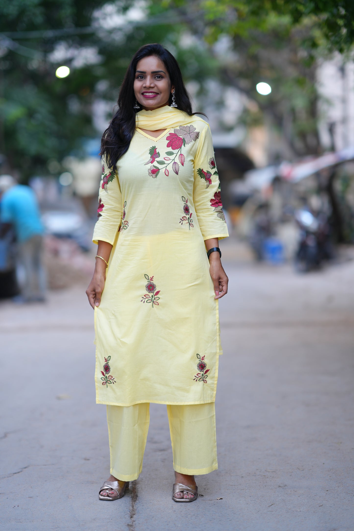 Yellow Color Jaipuri Cotton 3 Piece Set With Heavy Embroidery Work