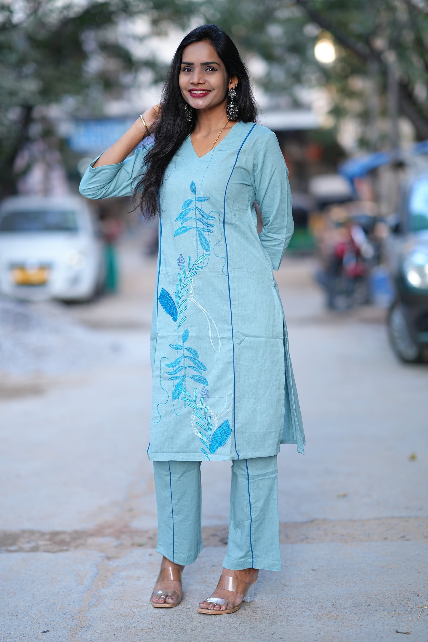 Aqua Blue Premium Office Range Corset With Front and Back Embroidery Work