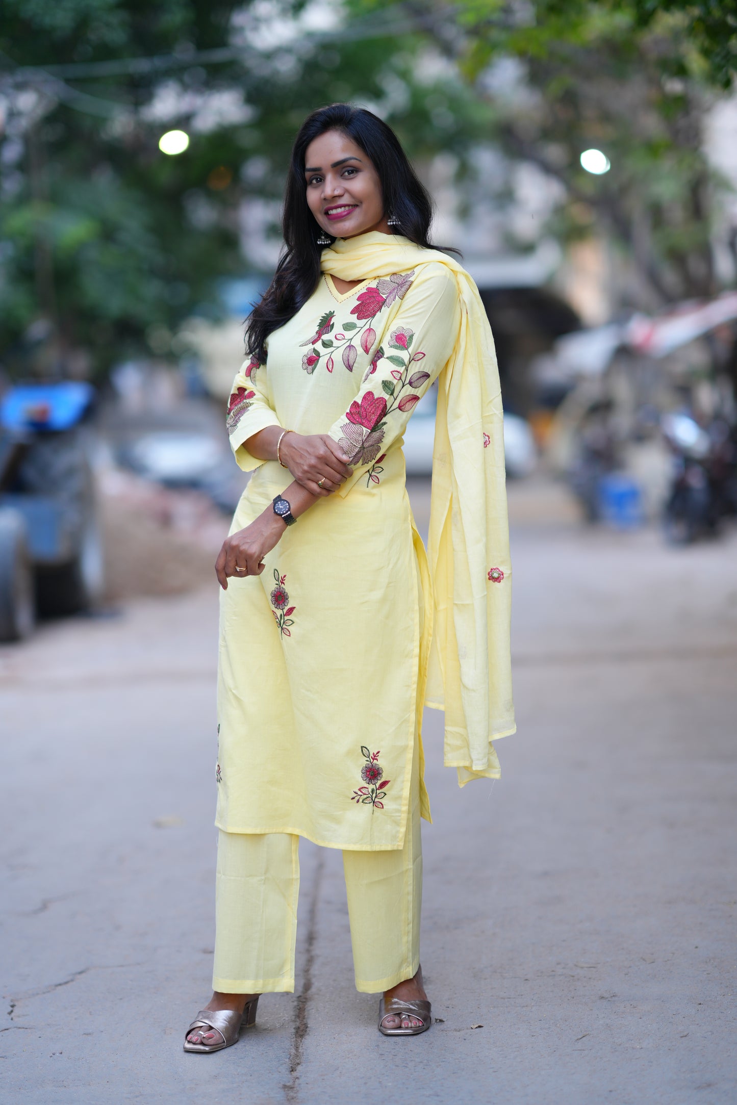 Yellow Color Jaipuri Cotton 3 Piece Set With Heavy Embroidery Work