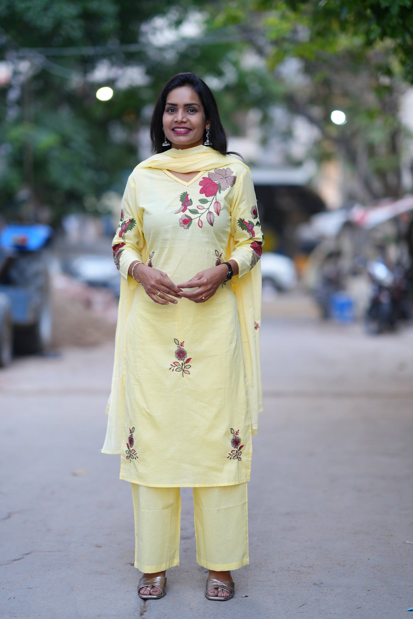 Yellow Color Jaipuri Cotton 3 Piece Set With Heavy Embroidery Work