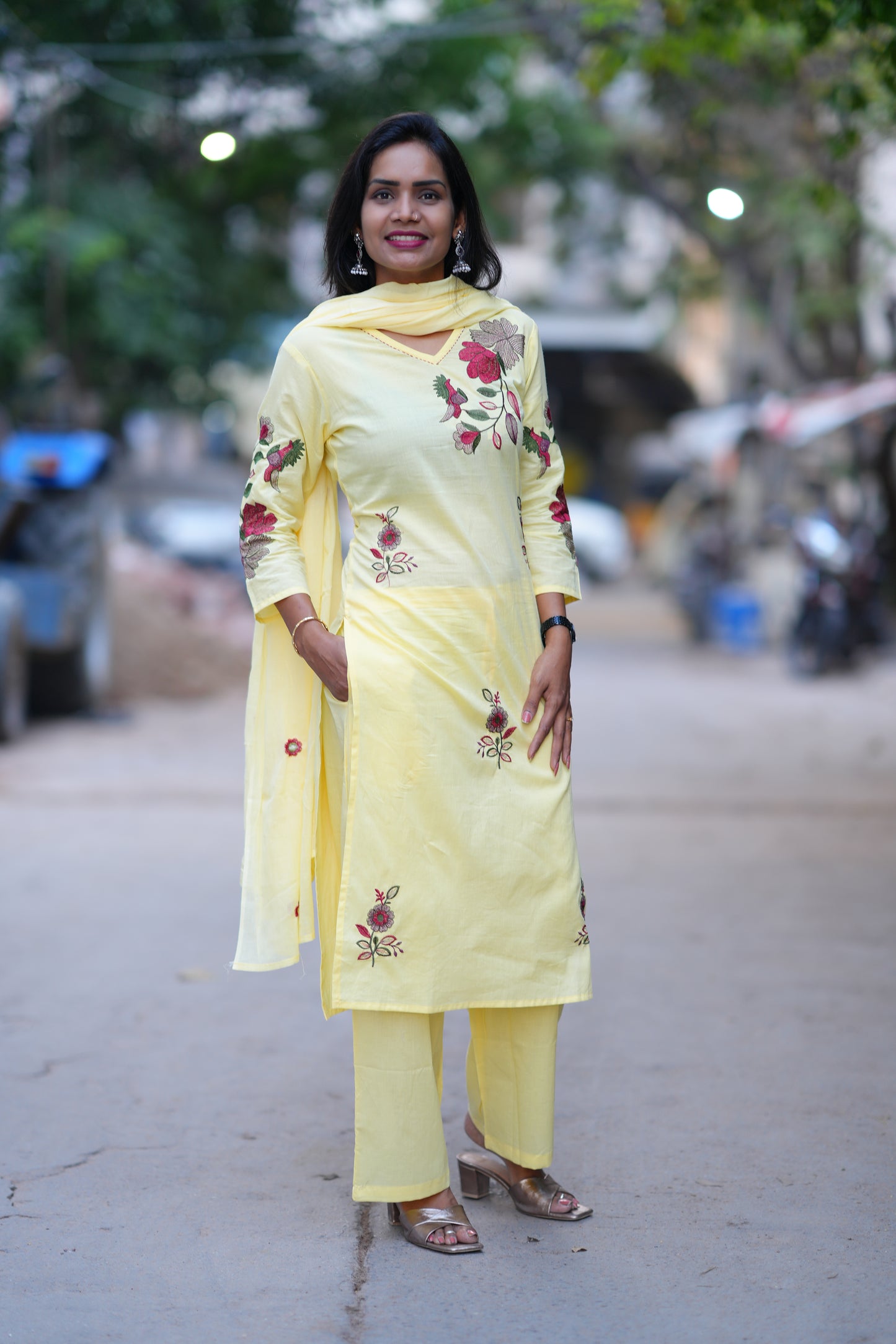 Yellow Color Jaipuri Cotton 3 Piece Set With Heavy Embroidery Work