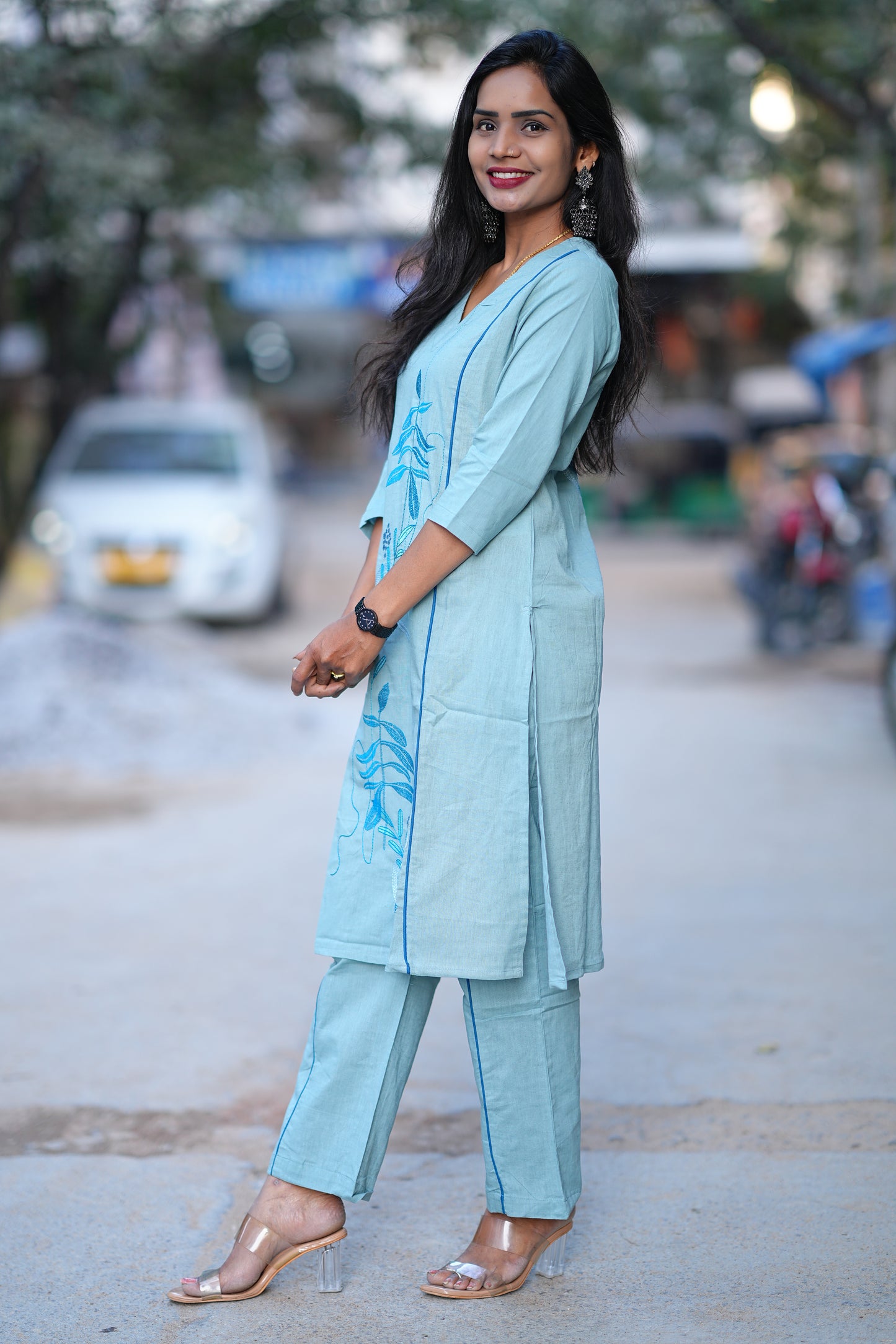 Aqua Blue Premium Office Range Corset With Front and Back Embroidery Work