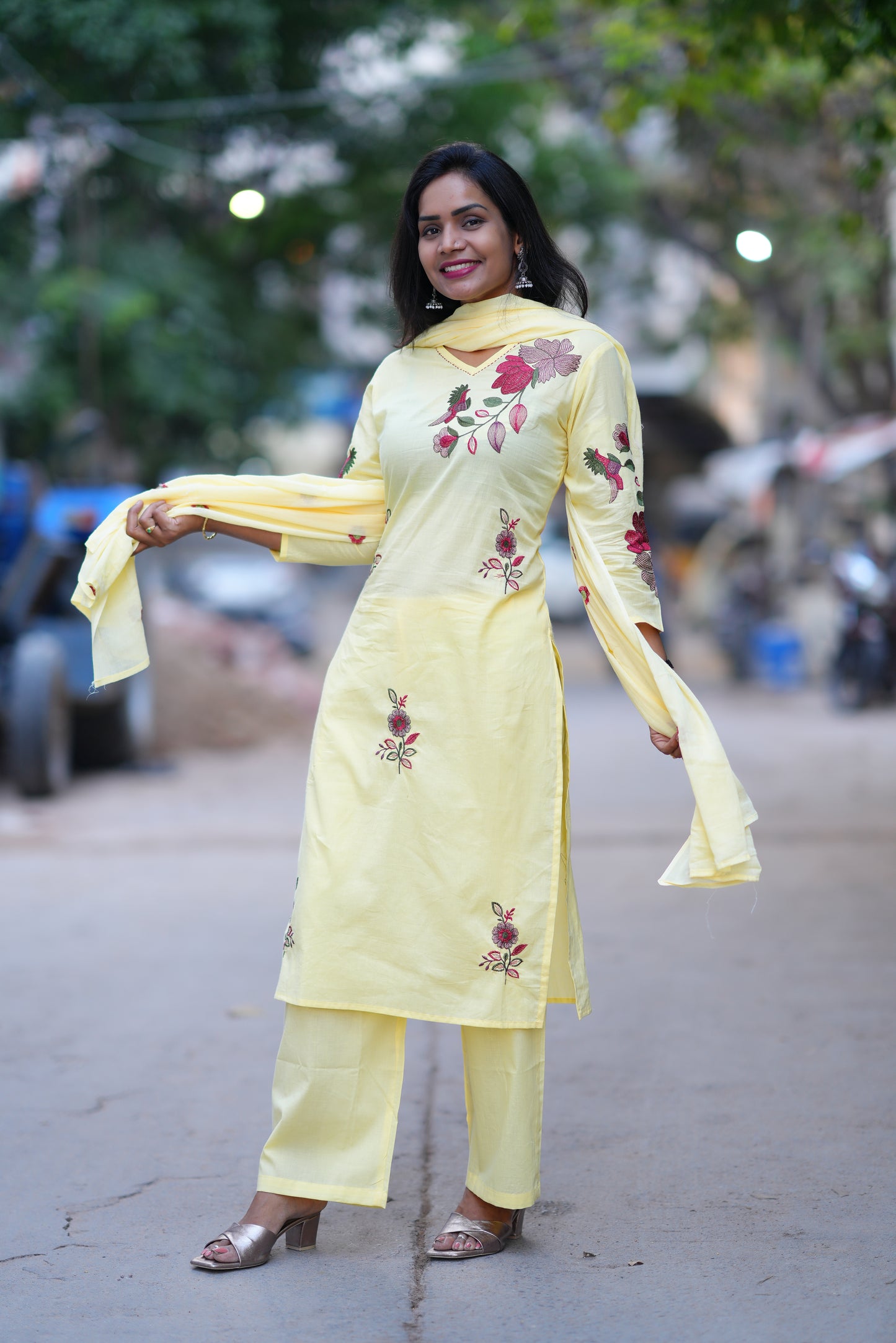 Yellow Color Jaipuri Cotton 3 Piece Set With Heavy Embroidery Work