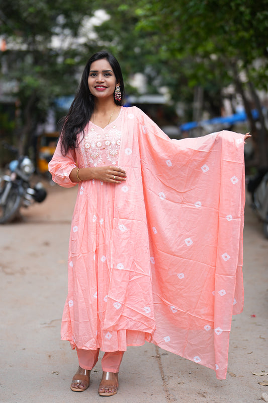 Peach Color Mul Cotton 3 Piece Set With Complete Lining