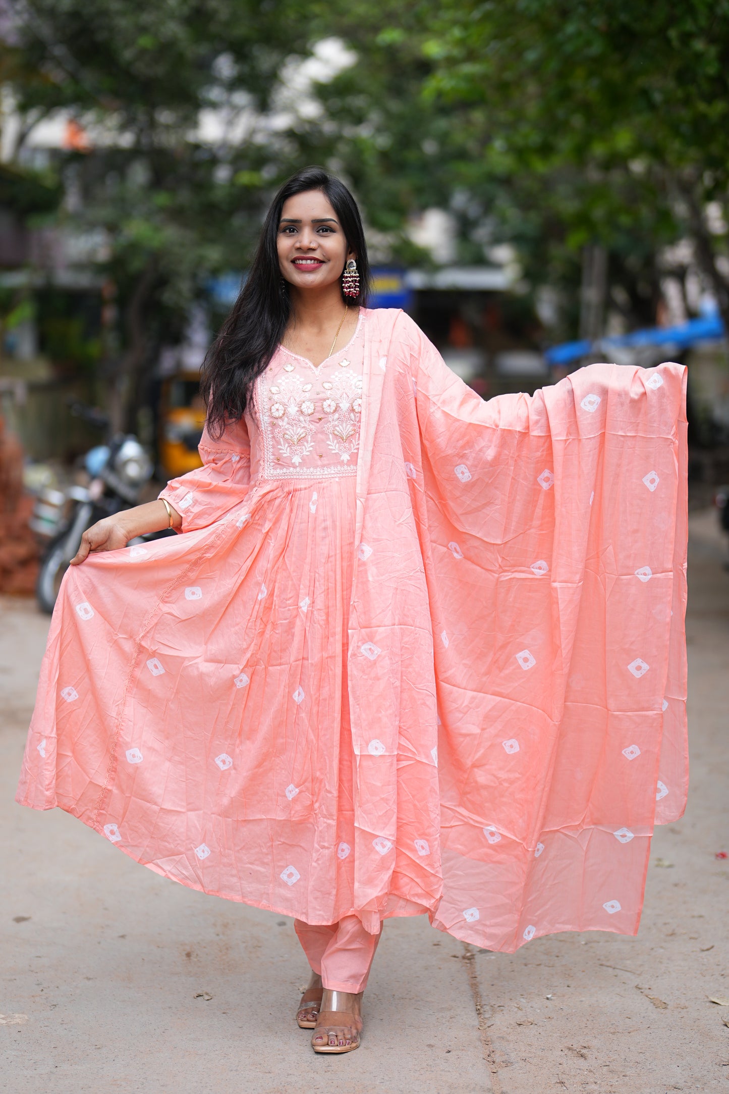Peach Color Mul Cotton 3 Piece Set With Complete Lining
