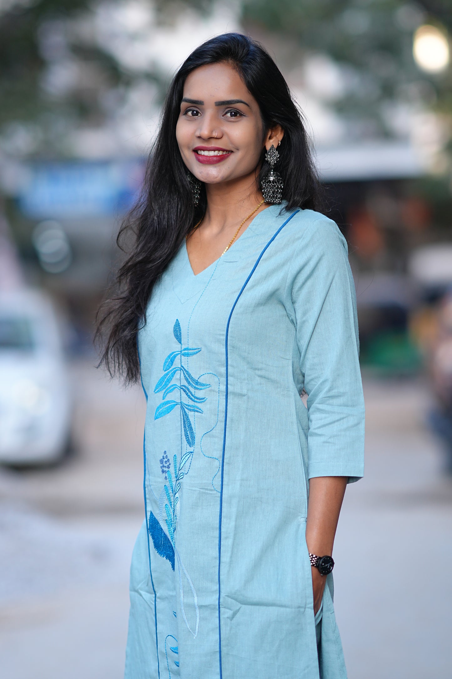 Aqua Blue Premium Office Range Corset With Front and Back Embroidery Work