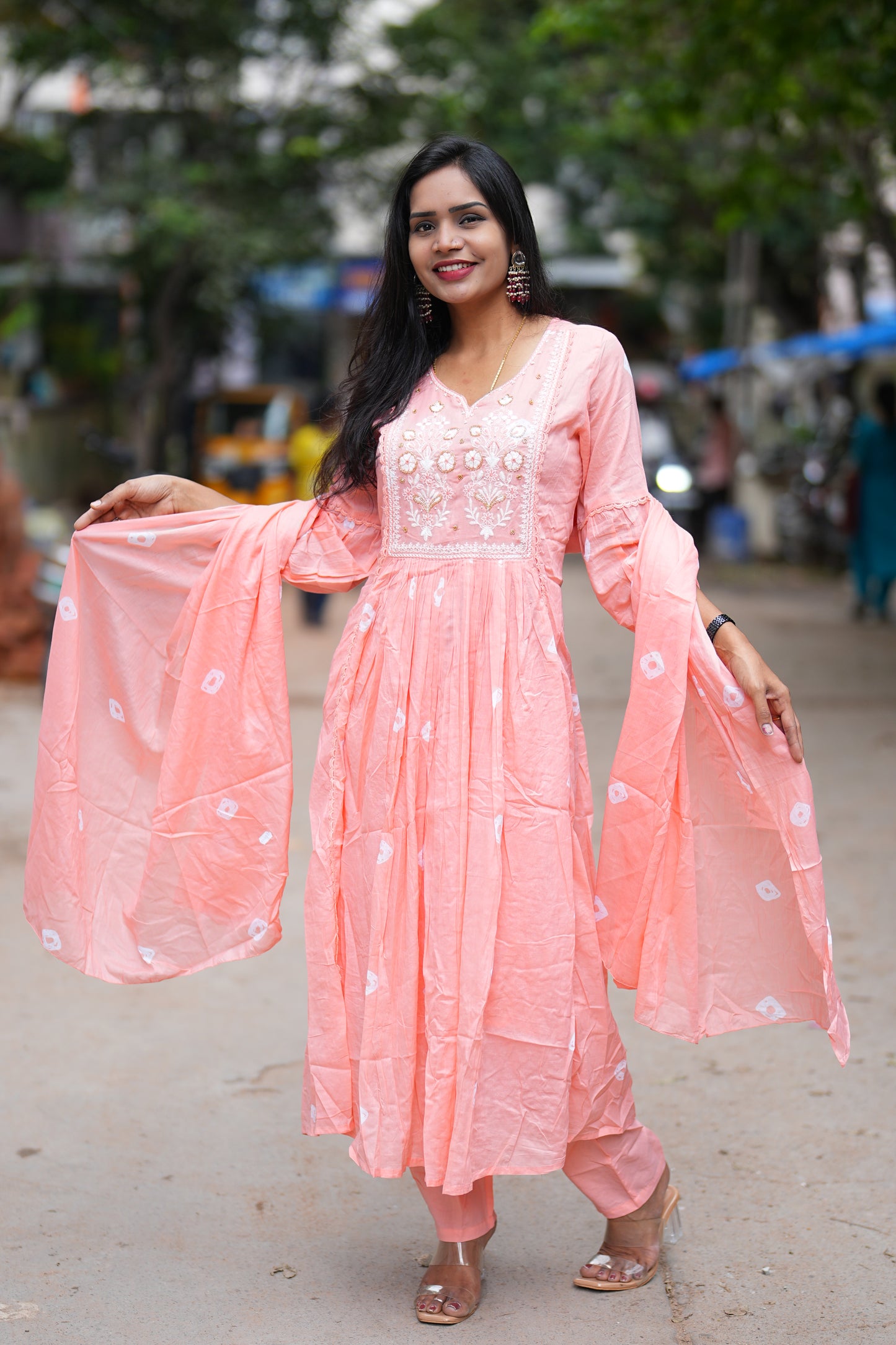 Peach Color Mul Cotton 3 Piece Set With Complete Lining
