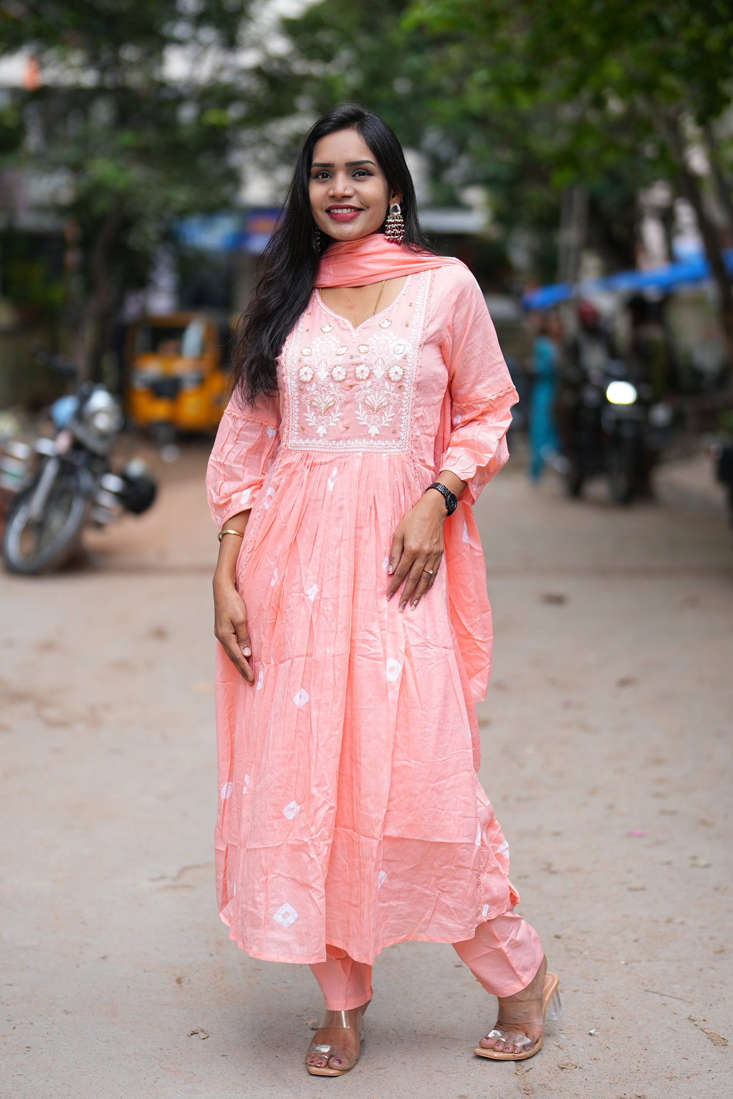 Peach Color Mul Cotton 3 Piece Set With Complete Lining