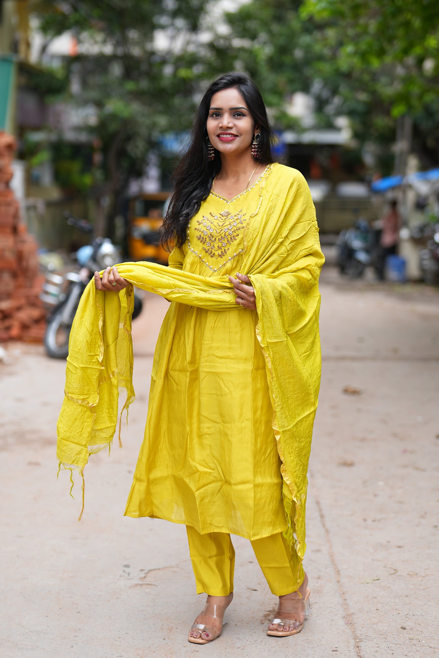 Yellow Color Mul Chanderi 3 Piece Set