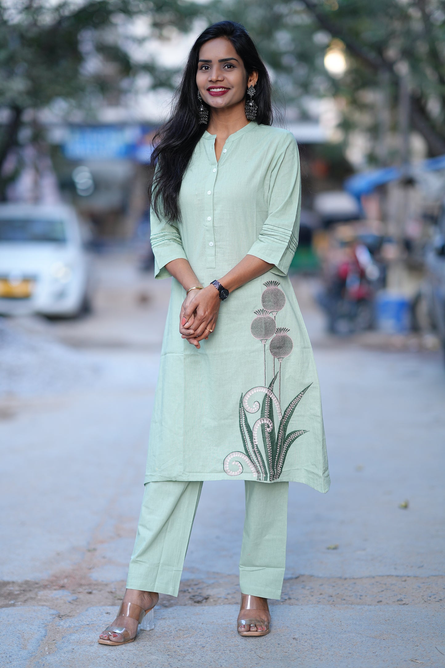 Mint Green Stylish Cord Set With Embroidery Work