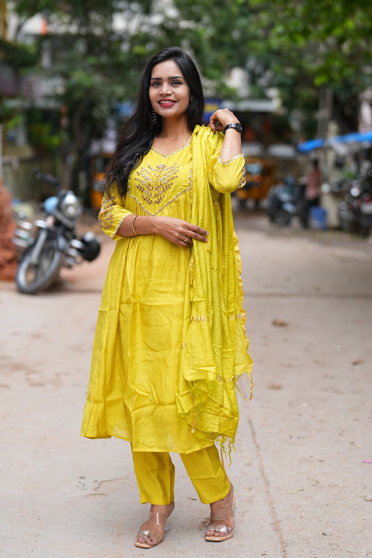 Yellow Color Mul Chanderi 3 Piece Set
