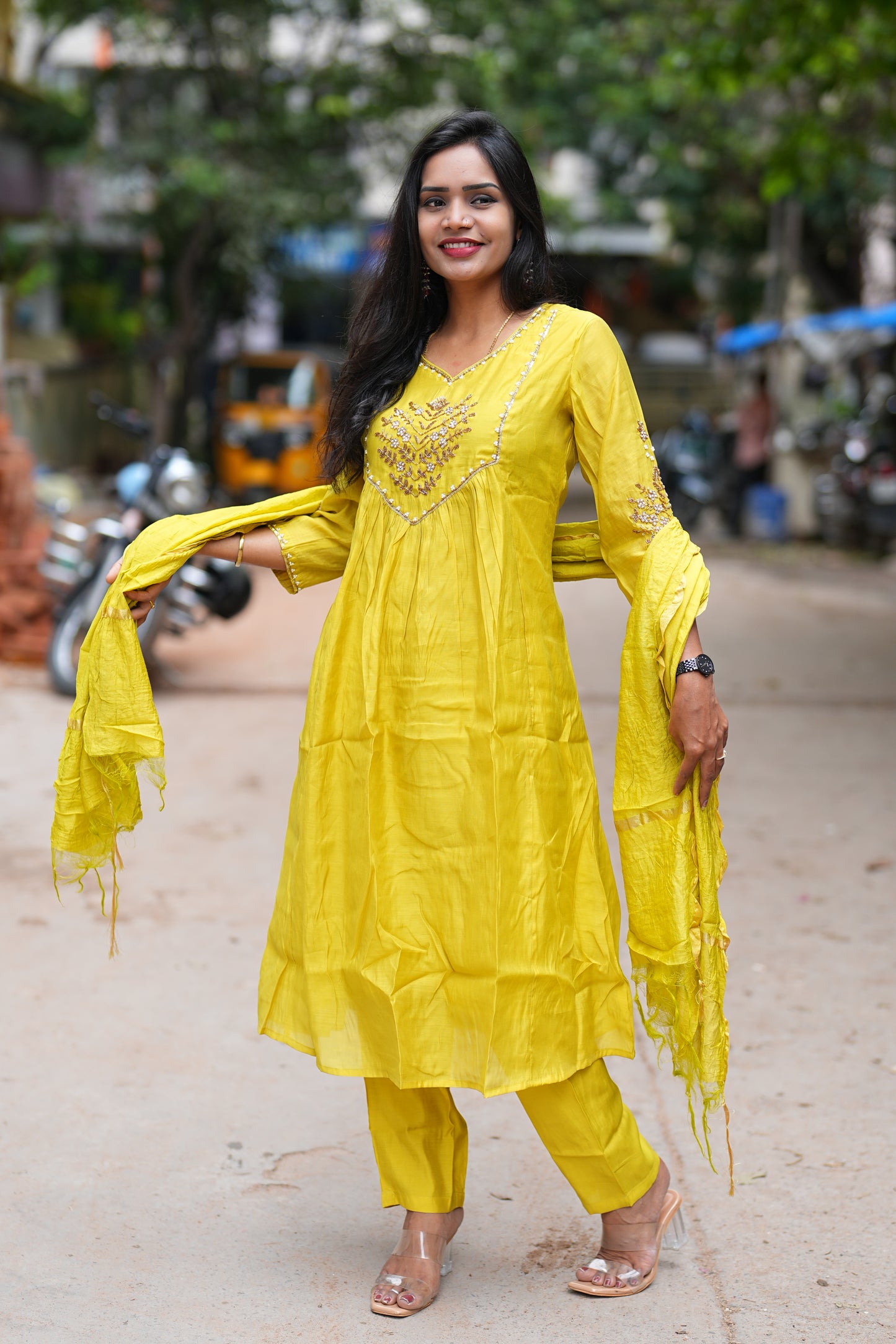 Yellow Color Mul Chanderi 3 Piece Set