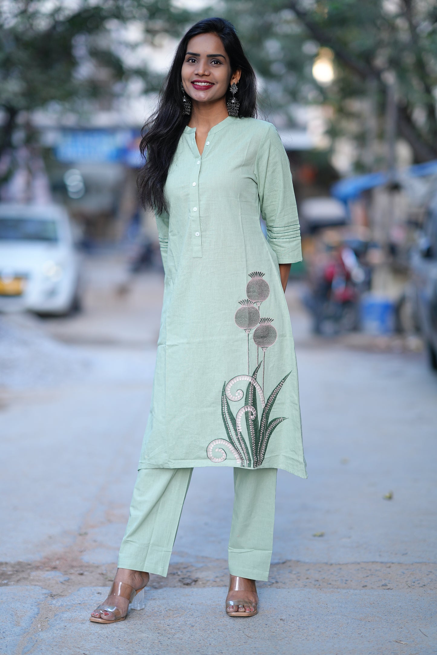 Mint Green Stylish Cord Set With Embroidery Work