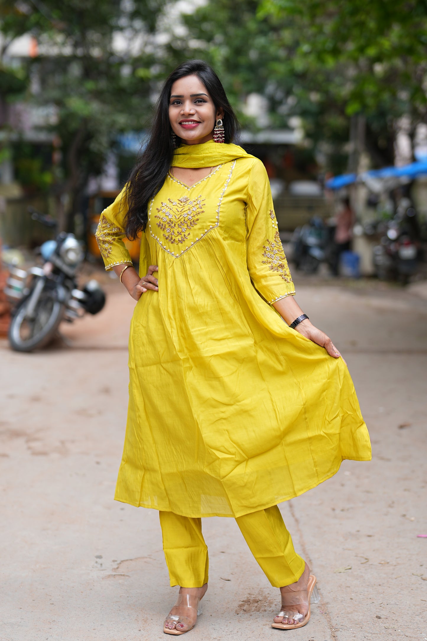 Yellow Color Mul Chanderi 3 Piece Set