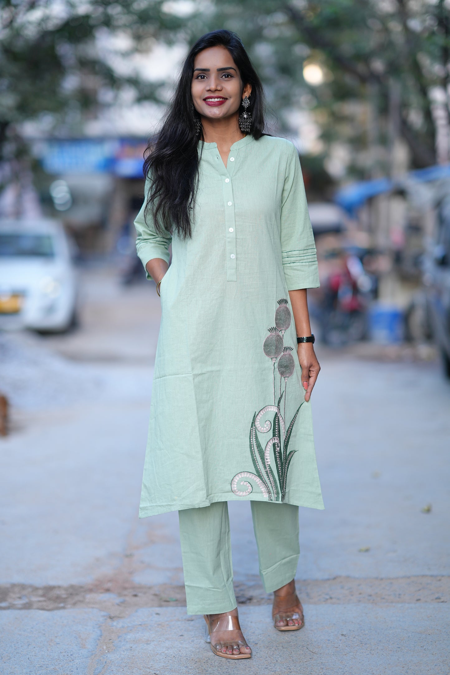 Mint Green Stylish Cord Set With Embroidery Work