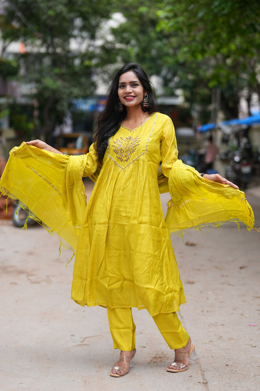Yellow Color Mul Chanderi 3 Piece Set