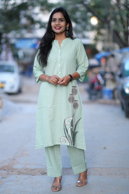 Mint Green Stylish Cord Set With Embroidery Work